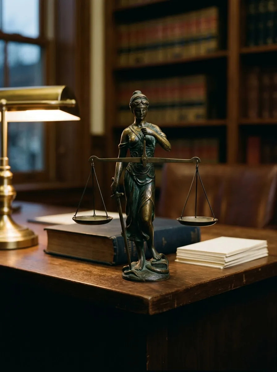 Ahşap çalışma masasında, pirinç lambanın ışığında duran patinalı bronz adalet heykeli; terazisi tam dengede, arkasında hukuk kitapları